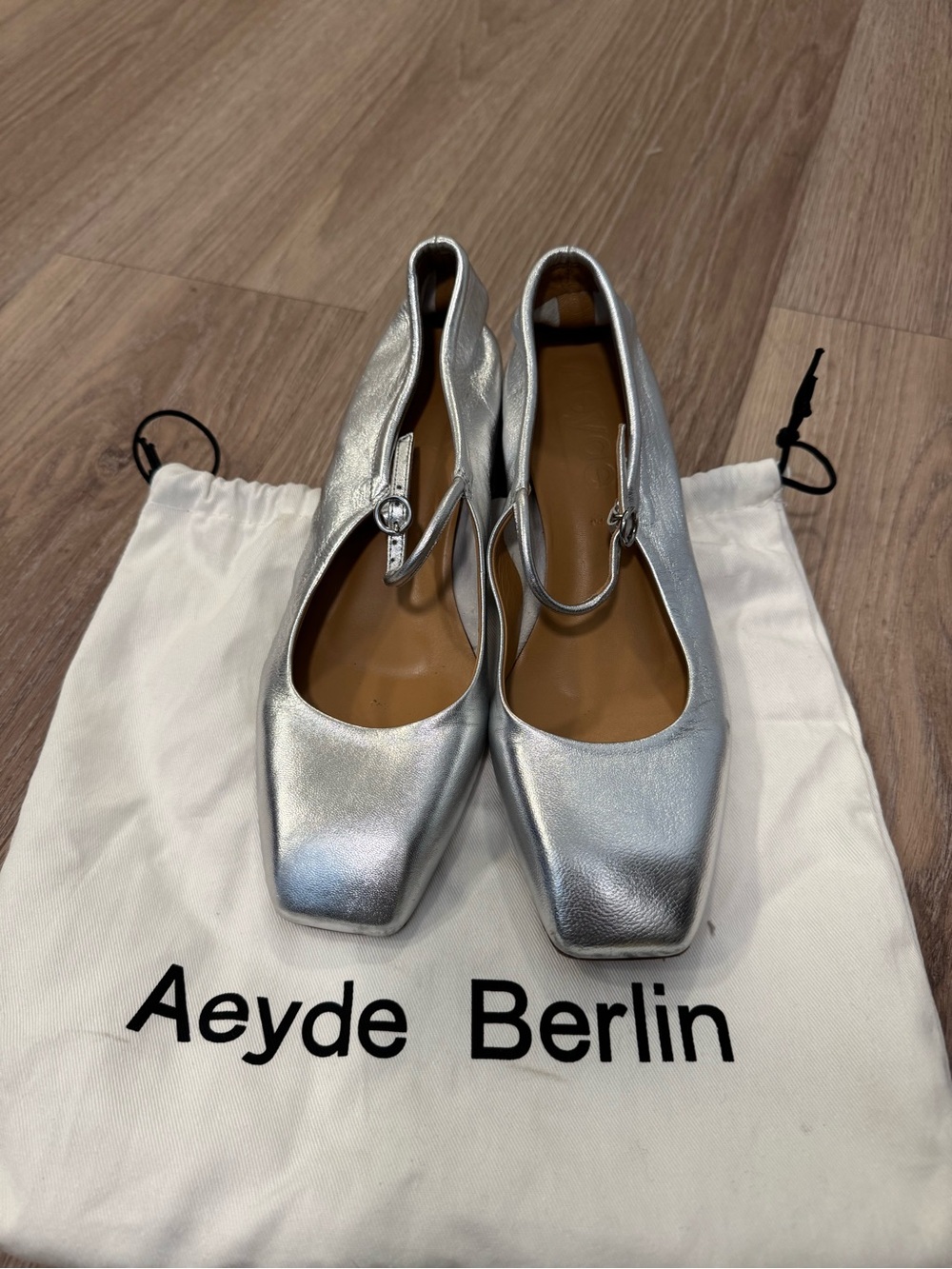 Aeyde Silver Leather Mary Jane heels